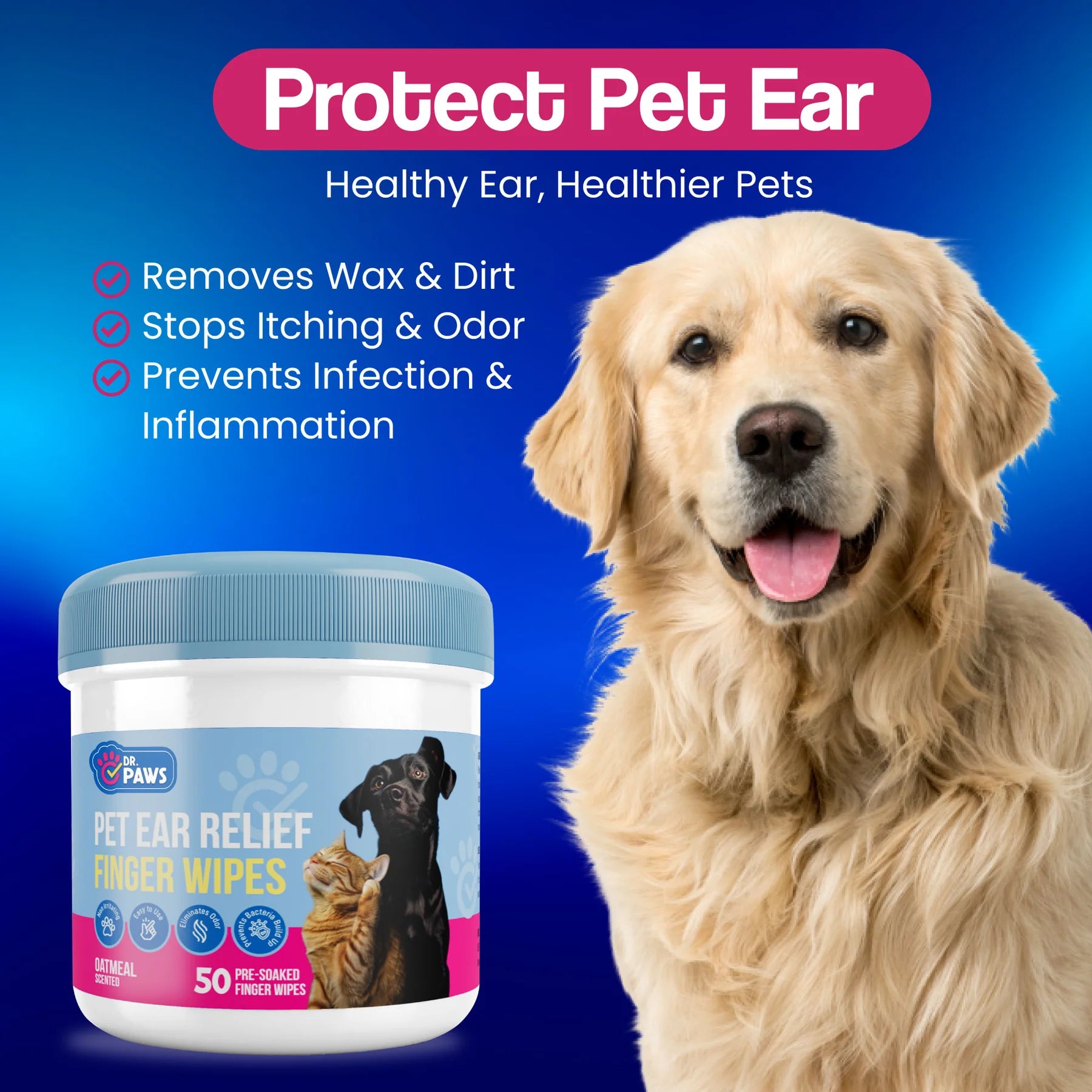 Oatmeal-Scented Ear Relief Finger Wipes for Pets (50 Count)